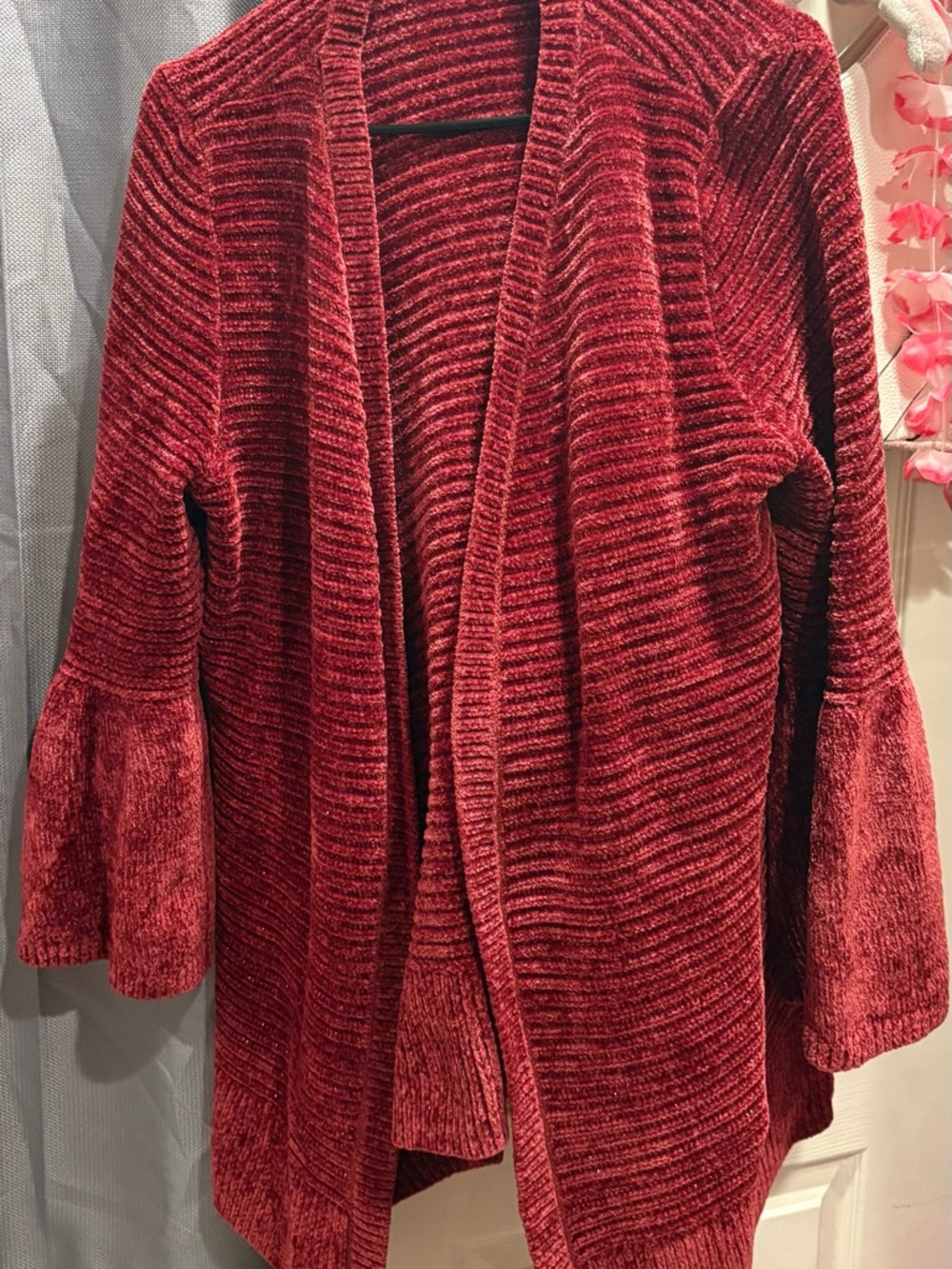 Open-Front Chenille Cardigan with Bell Sleeves - Wine Red